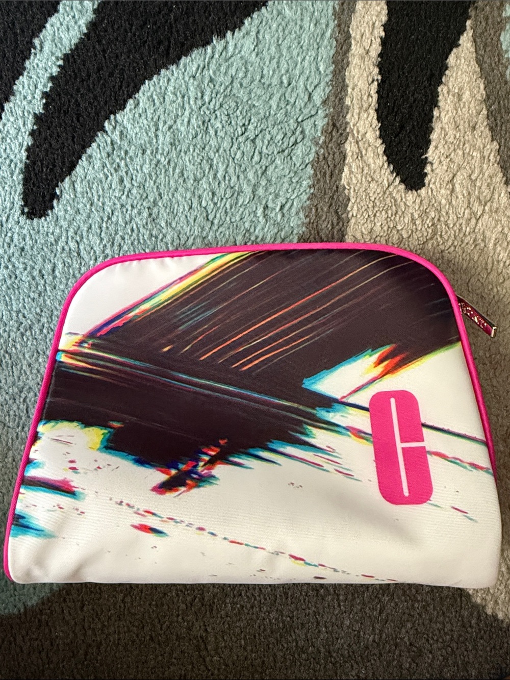 Clinique White Cosmetic Pouch with Hot Pink Trim and Multicolor Print